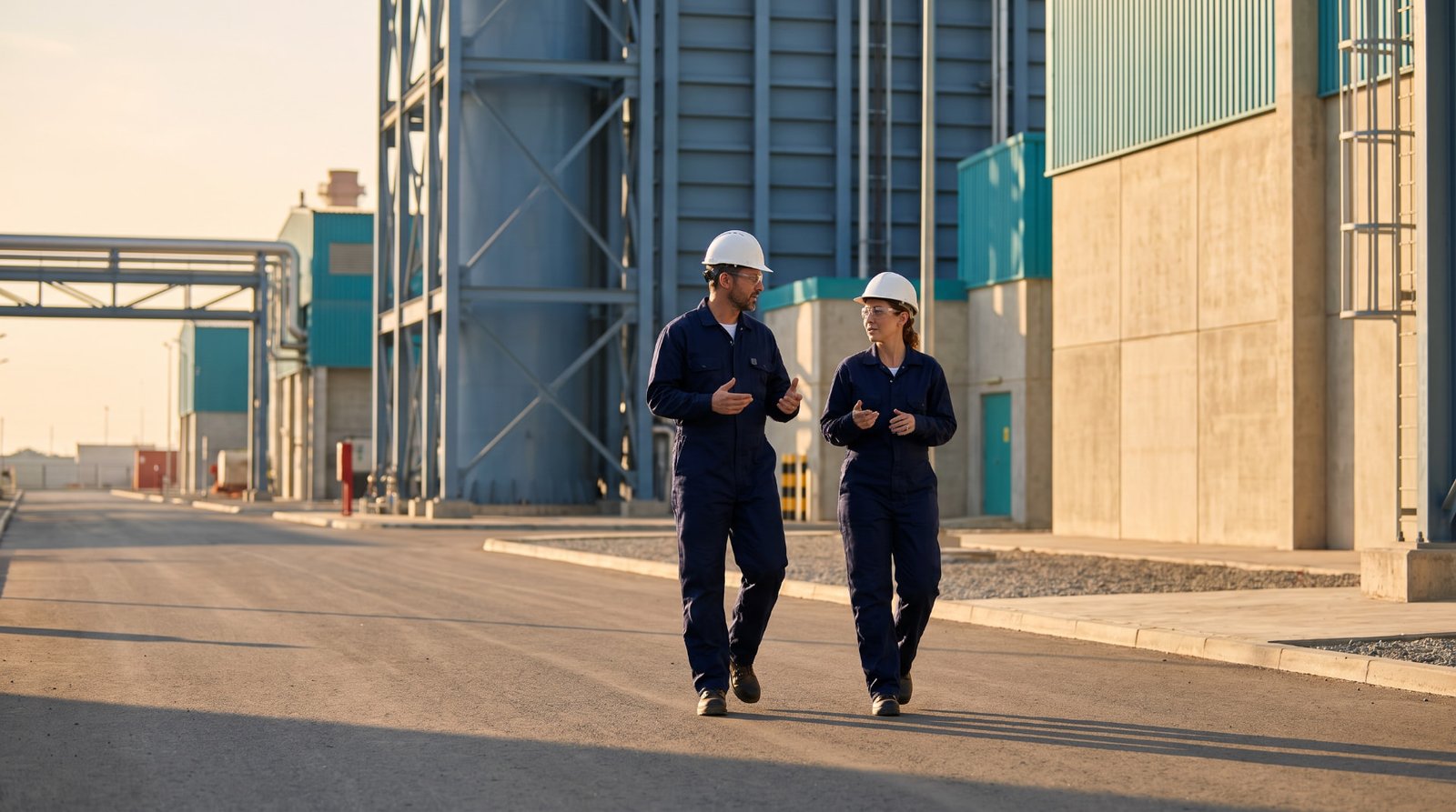 Two engineers in coveralls and hard hats walking through a plant at sunrise