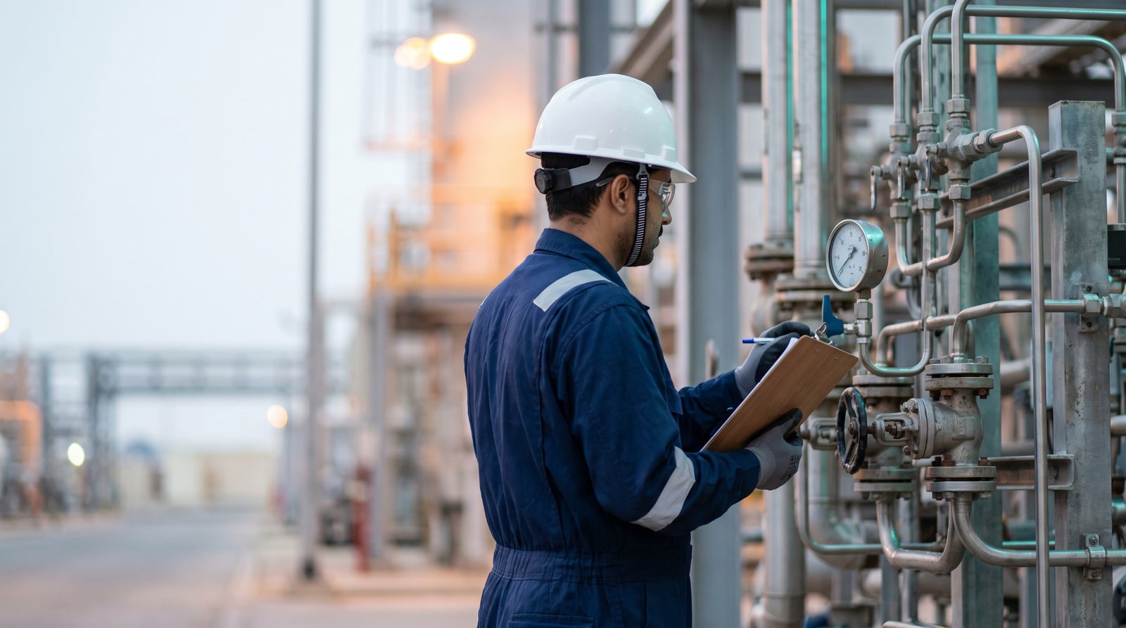 Engineer in coveralls and hard hat recording readings at a process unit