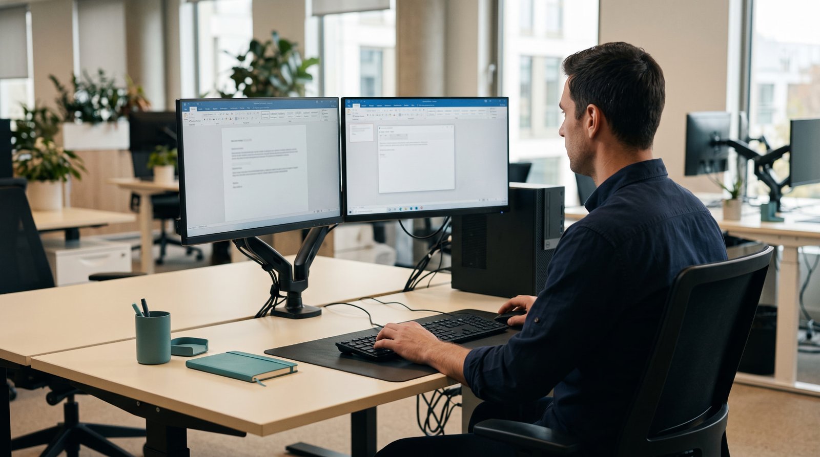 Technology professional working across two monitors in a modern office