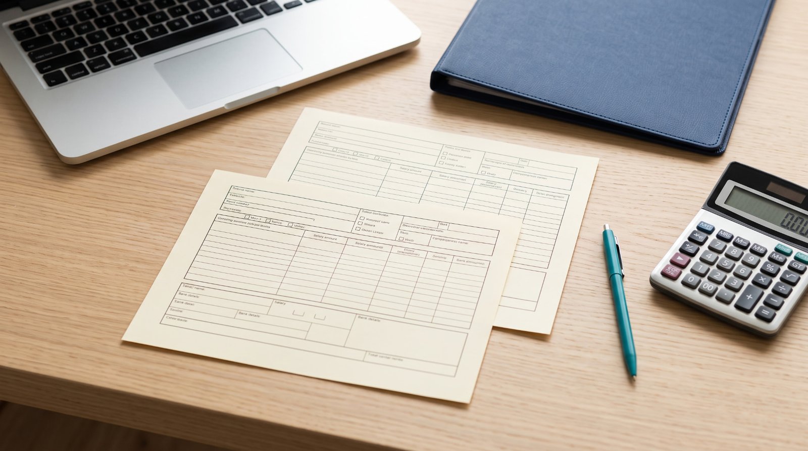 Payroll forms, calculator, pen and laptop arranged on a desk