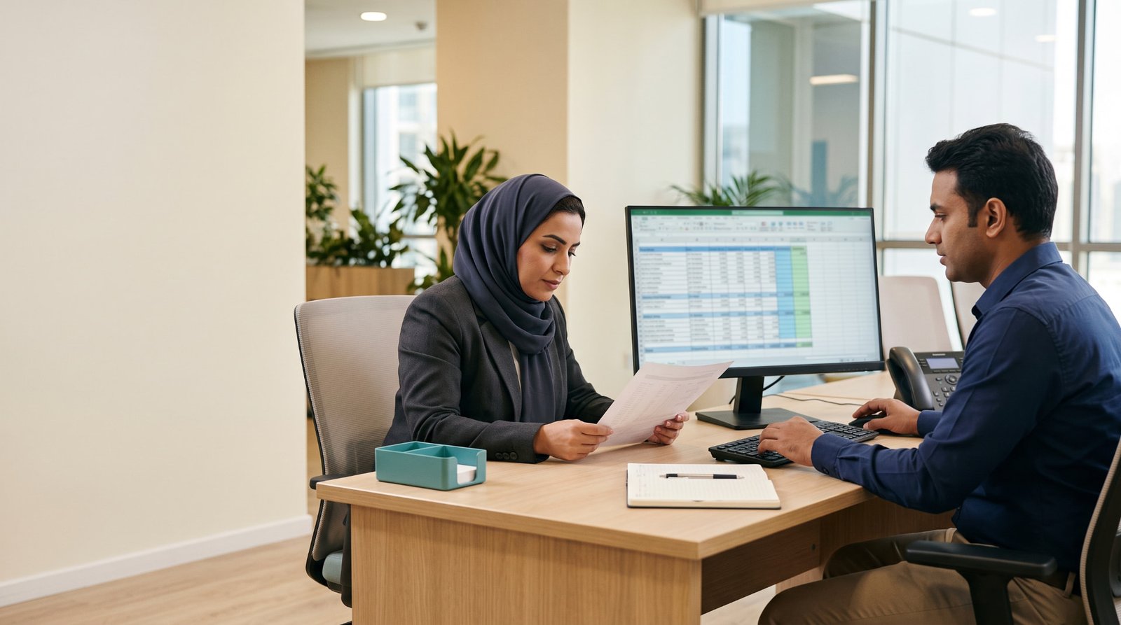 Payroll professionals reviewing records together at an office desk