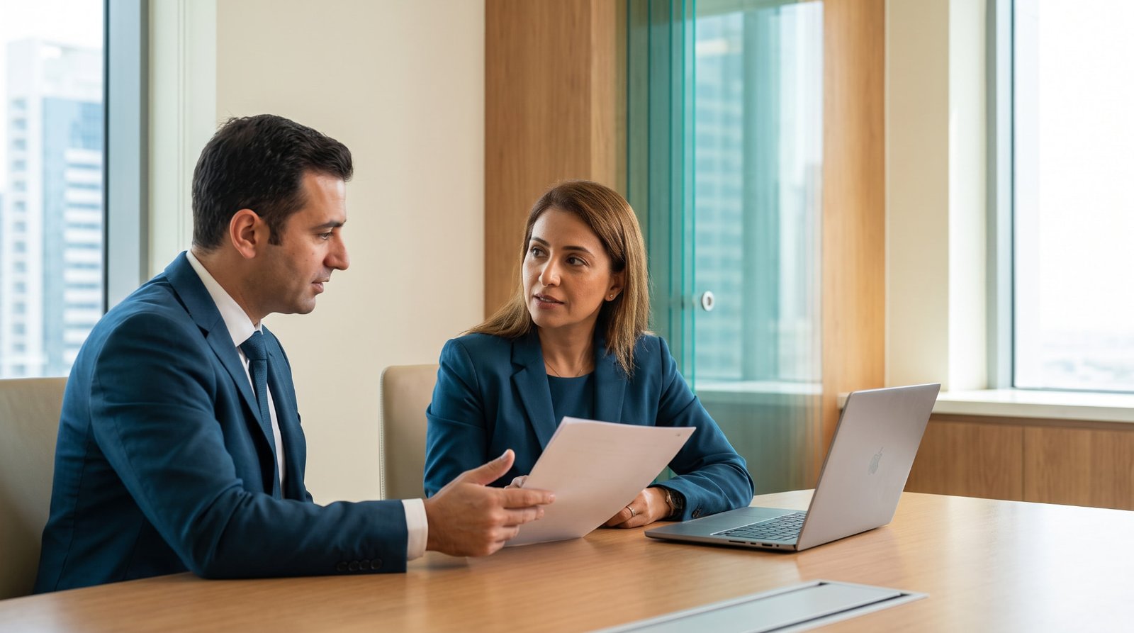 Two recruiters reviewing a CV together at a meeting table